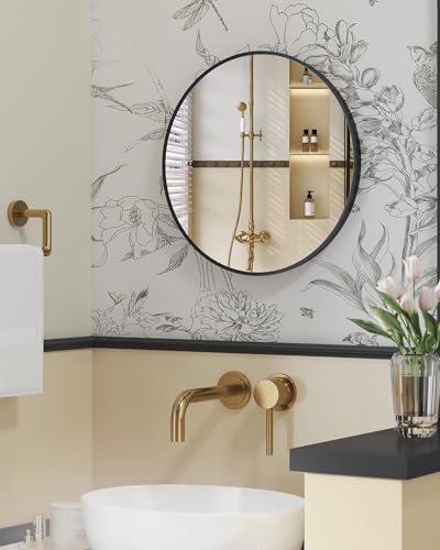 SONGMICS 50 cm d Spiegel rund, runder Spiegel, Wandspiegel, Metallrahmen, einfache Montage, modern, für Bad, Wohnzimmer, Schlafzimmer, Flur, Eingangsbereich, tintenschwarz LWM101BD03