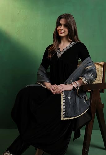 Image of SheWill Women's Zari Sequence Embroiderd Velvet Kurta with Pant and Dupatta| Salwar Suit Set with Dupatta| Velvet Kurta Set Women| Kurta Set for Women|Kurta Set with Dupatta for Women| Anarkali Kurta