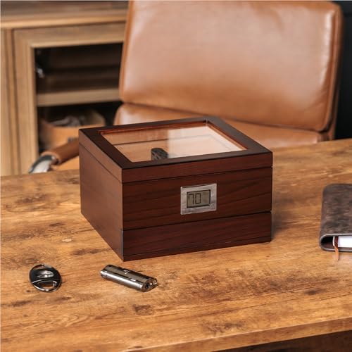 CASE ELEGANCE Glass Top Handcrafted Cedar Humidor with Front Digital Hygrometer, Humidifier Gel, and Accessory Drawer - Holds (25-50 Cigars)