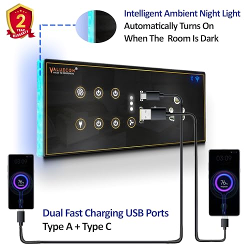 Image of i380 6 modular Smart Wifi Switch Board with 4 Switch,1 Fan,1 Socket, C & A type USB charging ports | App Control, Voice-controlled by Alexa, G. Home, G. Assistant-G. Black