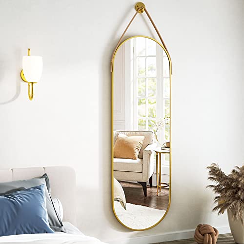 Harritpure Full Length Mirror Oval Hanging Mirror 16"X48" With Leather Strap Aluminum Frame Wall-Mounted Hanging Mirrors For Bathroom Vanity Living Room Bedroom Entryway, Gold #TOP4