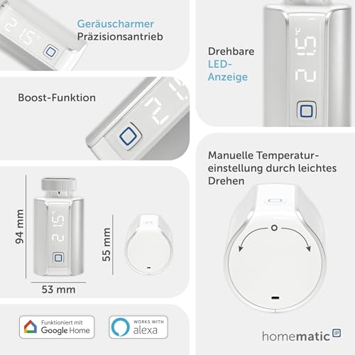 Homematic IP Heizkörperthermostat- Evo, Silber, Smart Home, digitaler Thermostat Heizung, Steuerung per App, Alexa, Google Home, einfache Installation, Energie sparen, 156650A0-3