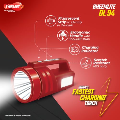 Image of Eveready Bheemlite DL94, 4W Rechargeable LED Torch & 4W Sidelight, USB Type-C Fast Charging, 4 Light Modes, Overcharge & Deep Discharge Protection, Shoulder Strap Included, Powered by Li-ion Battery