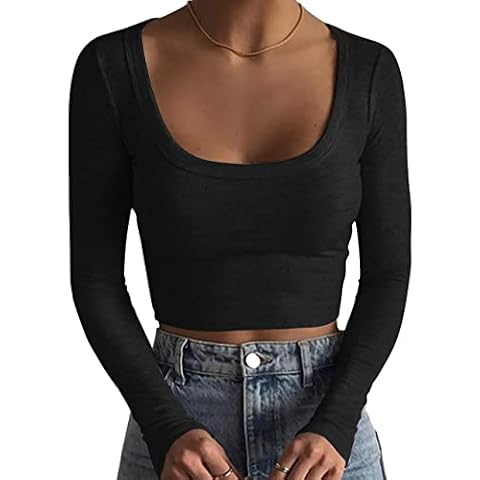 Meladyan Women 's Casual Square Neck Ribbed Knit Crop Shirt Long Sleeve Slim Fitted Solid Basic Crop Tee Tops, Black, Large Cover