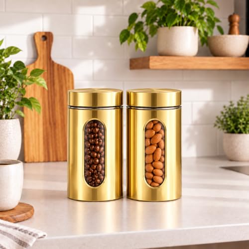 Image of Electric Kettle (1.8 ltr,Auto shut off) with 2 x 750ml Glass Storage Jars | Gold Metal Covered Containers with Clear Window | Premium Kitchen Combo for Tea, Coffee, Sugar & Dry Fruits
