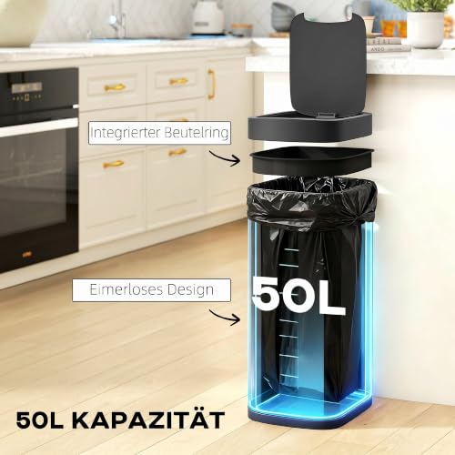 HOMCOM Kosz na śmieci z czujnikiem, 50 l, bezdotykowy kuchenny kosz na śmieci z czujnikiem ruchu, odporny na odciski palców, do kuchni, sypialni, biura, czarny