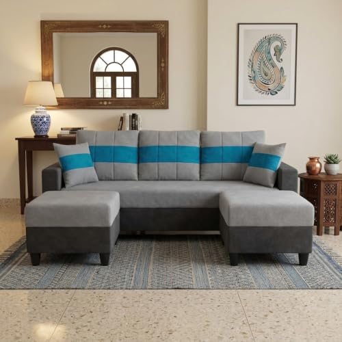 Image of Cavona 5 Seater L Shape Sofa Set with 2 Movable Ottomans | Flexible Layout | Luxury Velvet Suede Fabric | Modern Living Room Sofa | Dark Grey-Light Grey-Aqua Blue