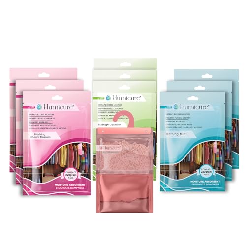 Image of Moisture Absorber Dehumidifier 500ml Absorption Capacity Prevents Mold, Dampness & Bad Odor Ideal for Wardrobe, Bathroom, Kitchen & Bedroom 220g x 9 (Fragrance Combo)