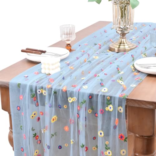 Joanlody Blue Embroidery Daisy Spring Summer Table Runner 10ft Florals Seasonal Tulle Table Runner for Home Garden Tea Party Holiday Birthday Decoration by Joanlody - Used condition - US$8.99