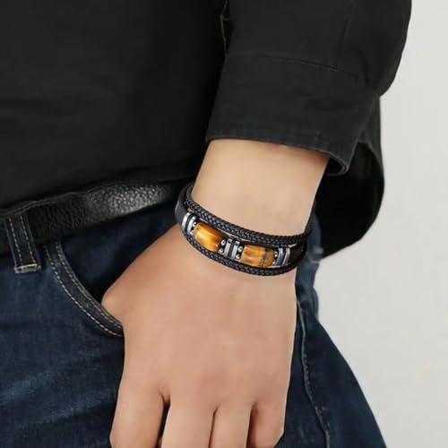 Mens Leather Bracelet Natural Tiger Eye Protection Multilayer Braided Wristband Bangle Gifts for Him4