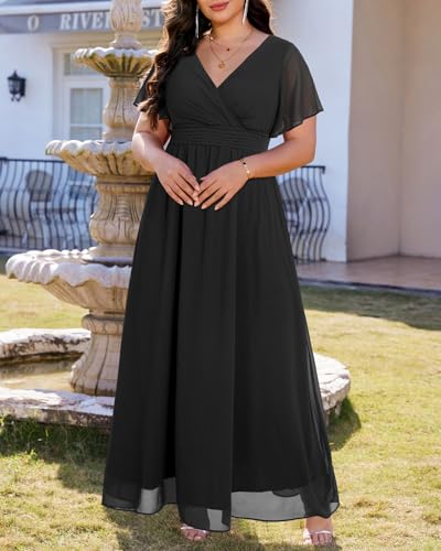 Image of Talisea Plus Size Formal Dresses - V Neck Flutter Sleeve Glitter Prom Evening Gowns Wedding Guest Chiffon Long Maxi Dress