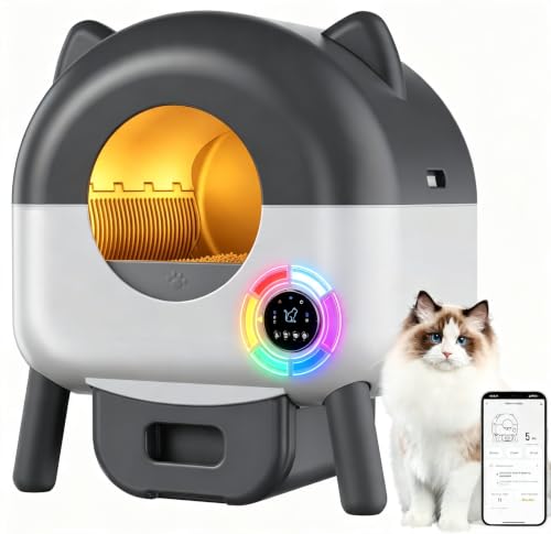Arenero Gatos Autolimpiable 89L, Caja Arena Gato Automatica con App Control, Antifugas, Atrapamiento, Olores, con Sensores de Seguridad, Luces Ambientales LED, para Múltiples Gatos, Fácil de Limpiar
