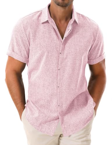 Drazivon Men's Linen Short Sleeve Button Down Casual Beach Shirts Pink 4XL - image 1