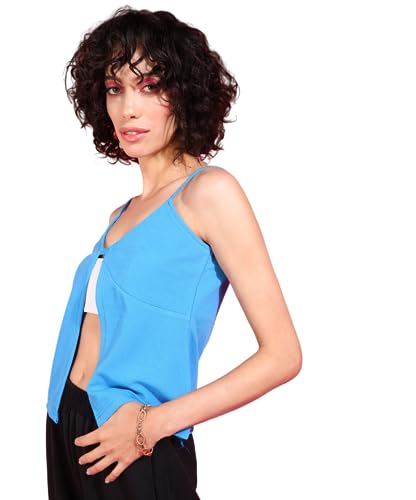 Image of POPWINGS Women Casual Blue Solid Open Front Sleeveless Top Tops for Women | Stylish Tops for Women | Trendy Tops Women
