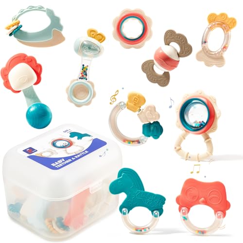 Bild von hahaland Rassel Beißring Baby Set, Silikon Baby Spielzeug ab 3 6 9 Monate, 10 PCS Shaker helfen Baby beim Zahnen und Greifen, BPA-frei Beissring Sensorik Spielzeug für Neugeborene Kleinkinder Geschenk