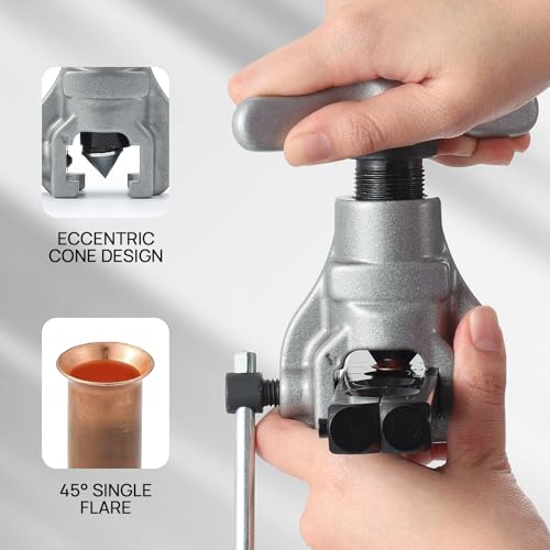 Image of TURBRO HVAC FlaringTool Kit for 1 /4 to 3 /4in Pipes, 45 Degree Eccentric Cone Type, 2 Flaring Splints, Single Flaring Tool with a Pipe Cutter and Deburring Reamer, for Copper and Aluminum Pipes