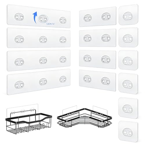 EJGIEGSO Shower Caddy Adhesive Replacement Hooks Strong Waterproof Strips No Drilling for Bathroom Shelves Kitchen Racks and Soap Holders (Transparent-14 Pack)