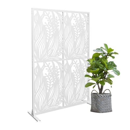 HIGREENA Metal Outdoor Privacy Screen, 72" H x 45.3" W Freestanding Decorative Privacy Panel with Hollow Design, Outdoor Decorative Fences for Patio Balcony Garden, Leaf White