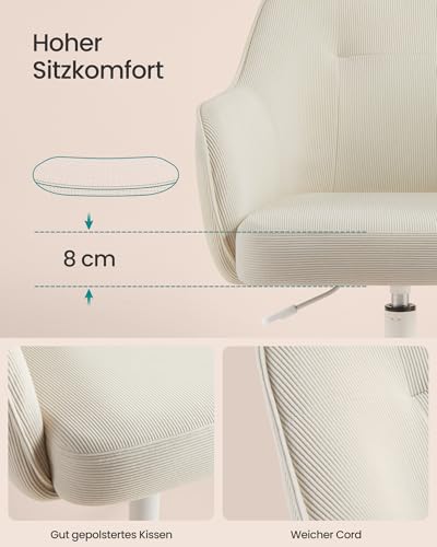 SONGMICS Homeoffice-Stuhl, Drehstuhl, Schreibtischstuhl, höhenverstellbar, bis 110 kg belastbar, Cord, für Arbeitszimmer, Schlafzimmer, sandbeige OBG019LZ01