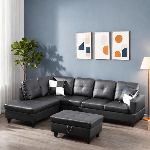 GlasFlength Sectional Couches for Living Room Furniture Sets, 4 Seat L Shaped Couches with Ottoman, Modular Sectional Sofa for Apartment Furniture Sets, Black