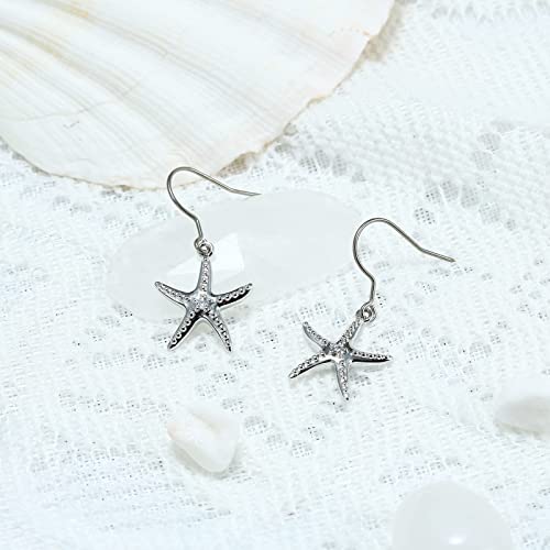 Titanium Cubic Zirconia Starfish Dangle Drop Earrings Charms, Hypoallergenic Pure Titanium Earring Hook For Sensitive Ear, Dainty Cz Dangle Earrings White Gold Plated Copper, Ocean Earring Jewelry Gifts For Girls Women Teen Starfish Lovers #TOP4
