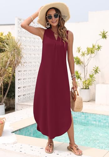 Image of AUSELILY Womens Summer Casual Maxi Dresses 2026 Sleeveless Long Beach Dresses V Neck Loose Sundresses with Side Split Pockets