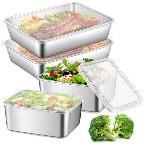 LEKEFETO 4 recipientes herméticos con tapa: 650 ml, 2400 ml, de acero inoxidable, reutilizables, para congeladores, lavavajillas, hornos, congeladores