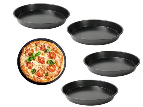 Kellegour 4 Pezzi Pizza Teglie Forma Rotonda Acciaio al Carbonio,Teglia Pizza Rotonda in Acciaio Antiaderente,Teglia per Pizza in Acciaio al Carbonio Per Pizza,Tarte Flambée,Cottura Al Forno