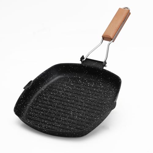 RANJIMA Grillpfanne Induktion, 24x24 cm Steakpfanne Gerillt Steak Pfanne mit Klappbarer Holzgriff und Ausgießer, Viereckige Steinbeschichtet Antihaft Pfanne für Alle Herdarten zum Indoor und Outdoor RANJIMA Grillpfanne Induktion, 24x24 cm Steakpfanne Gerillt Steak Pfanne mit Klappbarer Holzgriff und Ausgießer, Viereckige Steinbeschichtet Antihaft Pfanne für Alle Herdarten zum Indoor und Outdoor