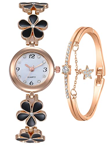 ADSBIAOYE Women's Bracelet Watch Fashion Item Waterproof Quartz Flower Shaped Watch (Black)