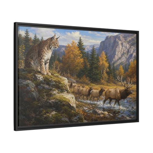 Tableau décoration salon lynx élan animaux forêt cadre noir horizontal 90x60