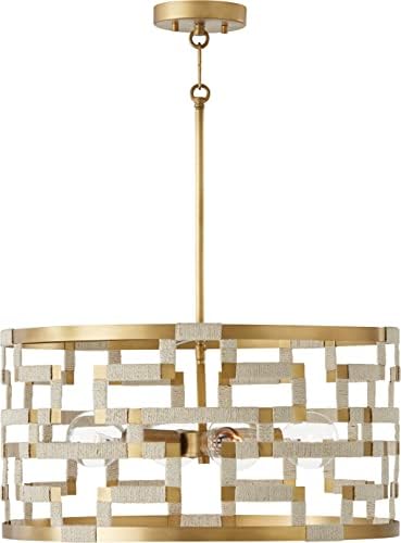 Capital Lighting 341041NL Hala Modern Greek Key Inspired Bleached Natural Jute Drum Pendant Light Fixture, 4-Light 400 Total Watts, 11" H x 22" W, Patinaed Brass