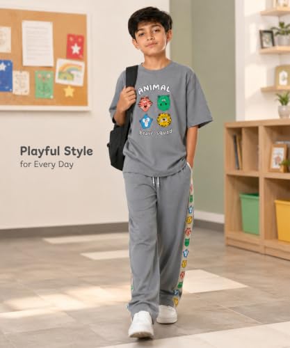 Image of SHODOX Boys Poly Blend Relaxed Fit Co-Ord Set | Printed T-Shirt & Track Pants | Soft Breathable Stylish Summer Casual Comfort Wear for Boys