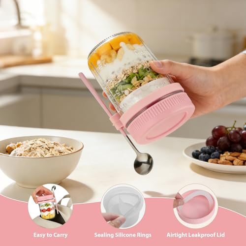 Image of 4 Pack Overnight Oats Containers with Lids and Spoons - 16 oz Glass Mason Jars with Dressing Cup, Over night Oat Jars for Meal Prep, Yogurt Parfait Cup for Chia Seed Salad (Pink)