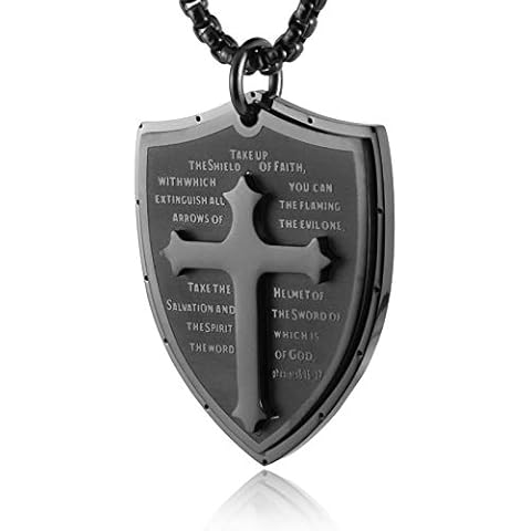 HZMAN Shield Armor of God Ephesians 6:16-17, Faith Cross Stainless Steel Pendant Necklace (Black) Cover