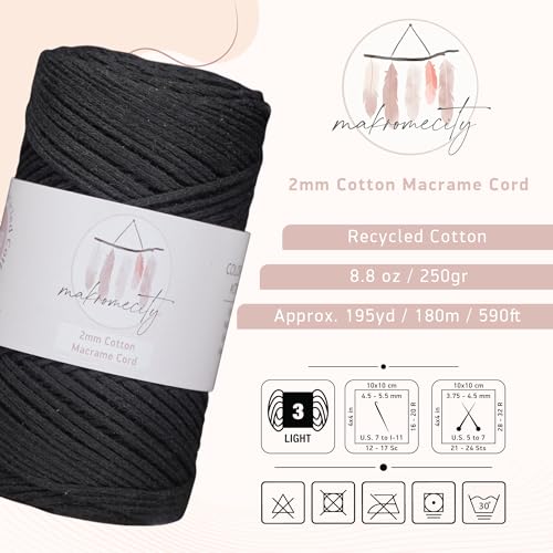 image for Makromecity, Cotton Macrame Cord 2mm x 195 yards (590 feet) 2mm Recycl