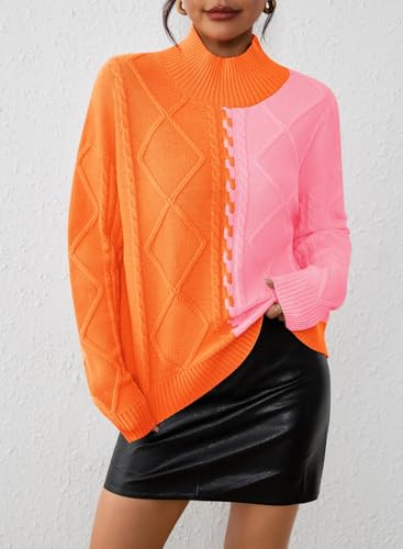 Pink Queen Women's Chunky Sweaters 2025 Fall Winter Long Sleeve Mock Neck Cable Knit Colorblock Pullover Jumper Tops4