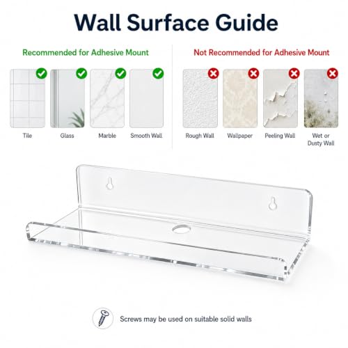 Image of Clear Acrylic Floating Shelves, No Drill Adhesive Wall Shelves, 4 Pack | Clear Acrylic Design; 4 Pack Wall Shelves; Adhesive Mount Only; No Drill Installation; 12 lb Max Load