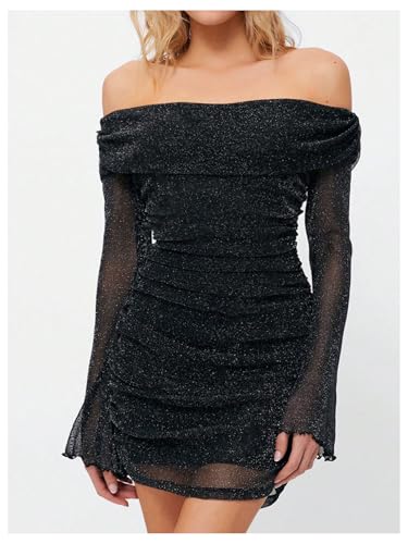 Image of GORGLITTER Women's Off The Shoulder Mesh Mini Dress Long Sleeve Y2K Sexy Ruched Bodycon Birthday Club Party Dresses