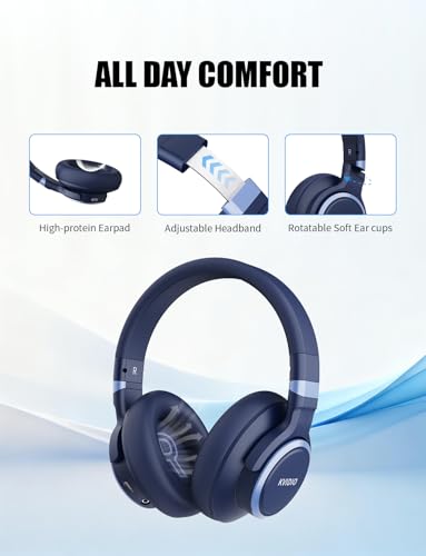 Image of KVIDIO Active Noise Cancelling Headphones, 70 Hours Playtime Bluetooth Headphones with Microphone, Transparency Mode, Deep Bass and Hi-Fi Stereo Sound (Blue)