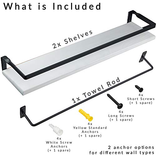 Peter's Goods Floating Shelves With Rail, Large, Rustic White – Set Of 2 Shelves With Towel Bar – Wood Bathroom Floating Shelves & Kitchen Shelves - Decorative Shelf For Office, Bedroom, Living Room #TOP4