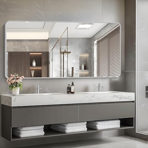 Image of 30x60 Inch Silver Bathroom Mirror, Large Rectangular Vanity Mirror, Metal Framed Rectangle Mirror, Rounded Corner Wall Mounted Mirrors for Living Room Bedroom Entryway Horizontal or Vertical