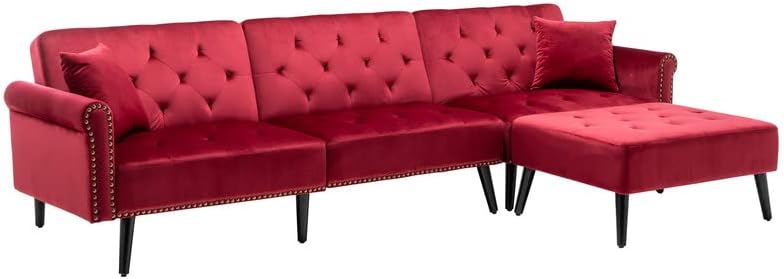 Palma Mid-Century Modern Sofa Bed with Ottoman and 2 Accent Pillows in Red Velvet
