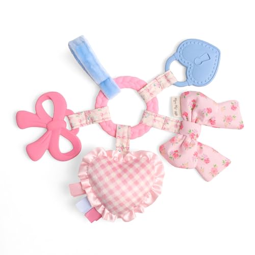Image of Itzy Ritzy Teething Activity Toy - Bitzy Busy Ring Infant Teething Toy Features Braided Teether & Dangling Toys, Includes Textured Ribbons, Crinkle Sound & Jingle Bell - 0 Months & Up (Pink Bow)