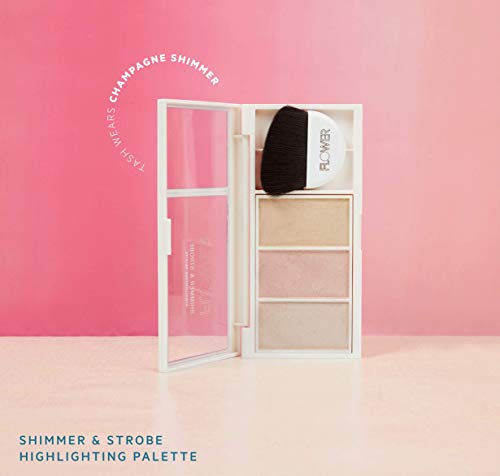 FLOWER Beauty By Drew Barrymore Shimmer + Strobe Highlighting Palette - Glowing Bronzer Powder Kit For Face + Blendable Coverage - Skintones + 3 Enhancing Colors (Strobe Brush) Included - Champagne Shimmer