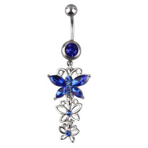 Vktech Three Crystal Butterflies Pendant Belly Navel Ring Body Piercing Jewelry (Blue)