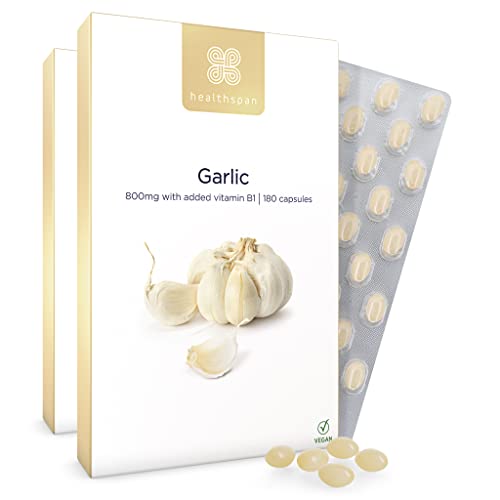 Healthspan Knoblauch 800 mg | 360 Kapseln | Herzgesundheit | Zusatz von Vitamin B1 | Zusatz von Petersilienöl für die Neutralisierung des Geruchs | Vegan Cover