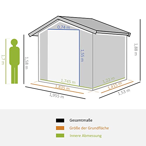 Outsunny Gerätehaus mit 2 Schiebetüren Metall Gartenhaus 2,6 m² Geräteschuppen verzinkter Stahl Schwarz 195,5 x 153 x… – Bild 4
