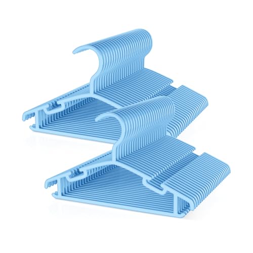 Image of VILICK Kids Plastic Hangers, Baby Clothes Hangers for Closet 50 Packs Non-Slip Toddler Hanger for Infant Child Clothing, Small Children Hangers for Pants Coats Skirts (Blue)