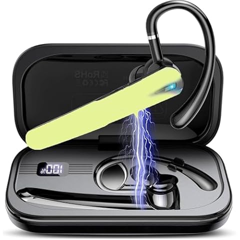 Qecnato Bluetooth Headset, Wireless Headset with ENC Mic, 60H Talking Time Single-Ear Bluetooth Earpiece with 400mAh Charging Case, IP7 Waterproof Hand-Free Headphones in Ear Cover